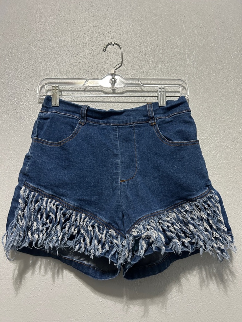 Crazy Train Fringe Hem High-Waist Denim Shorts - Blue- Size Small
